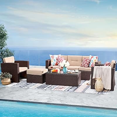 Super Patio 7 Piece Patio Furniture Set, Patio Conversation Sets, All-Weather PE Wicker Outdoor Sectional Sofa with Ottoman, Tempered Glass Coffee Table, Three Red Pillows, Brown