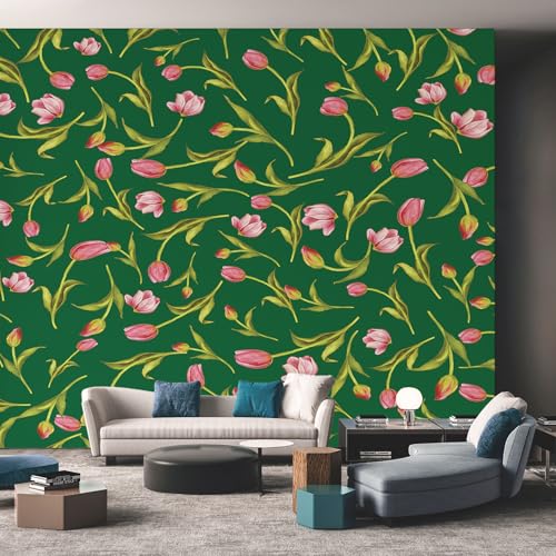 Papier peint intissé lavable tulipe rose et verte pour salon élégant