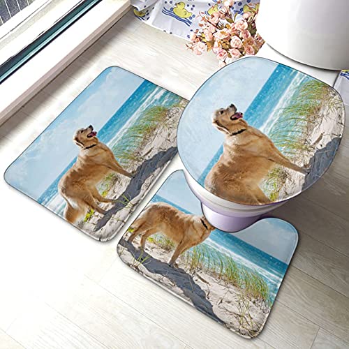 SHEYZYLTD Badematte + Konturmatte + Toilettendeckelbezug Golden Retriever 3 Stück Badematte Set, mit rutschfester Klebeunterseite