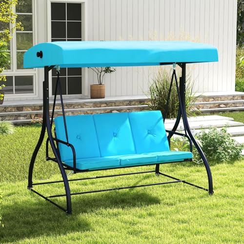 Image of HAPPYGRILL 3-Seat Outdoor Porch Swing, 2-in-1 Swing Glider with Adjustable Canopy, Removable Cushions, Foot Pad, Curved handrails, Outdoor Swing for Patio Yard Garden Balcony Backyard (Turquoise)