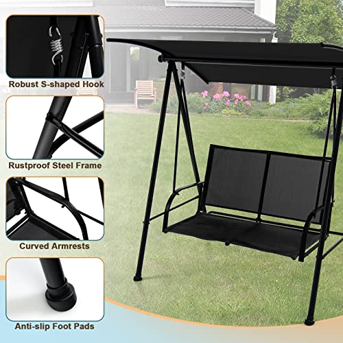 Tangkula 2 Person Porch Swing, Patio Swing With Adjustable Canopy, Comfortable Fabric Seat & Heavy-Duty Steel Frame, Outdoor Canopy Swing For Patio, Garden, Poolside (Black) #TOP6