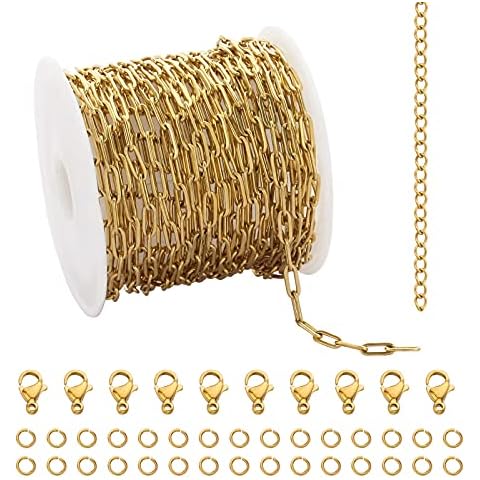 UMAOKANG 16.4 Feet Gold Stainless Steel Chains Bulk Cable Paperclip Necklace Chains Link Roll with Jump Rings Lobster Clasps Extender Chain for Jewelry Making Cover