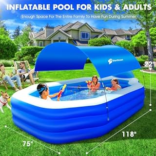Inflatable Pool with Canopy, Large Inflatable Swimming Pool for Kids,Adult, Blow Up Pools with Seats,Backrest.Durable Thickened Inflatable Family Pools for Backyard,118"x75"x22"-Dark Blue