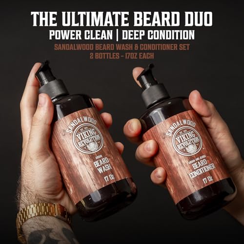 Viking Revolution Beard Wash & Beard Conditioner Set with Argan & Jojoba Oils - Softens and Strengthens - Natural Sandalwood Scent - Beard Shampoo with Beard Oil (17 oz)