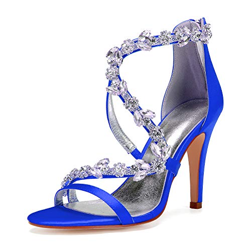 LLBubble Women High Heels Satin Crystals Wedding Bridal Sandals Open Toe Strappy Prom Evening Party Dress Shoes-Royal Blue-8