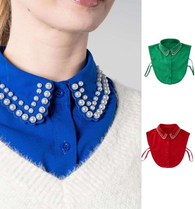 Women's Elegant Beaded Double Row Pearls Detachable False Collar Half Shirt