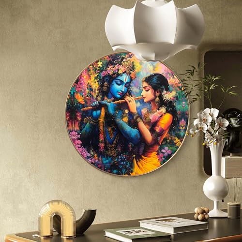 Image of Livin'luxe Radha Krishna Round Art Print with Golden Frame | Colorful Floral Divine Flute HD Art Print for Living Room Pooja Home Decor (23x23 Inch) Art-GR-211