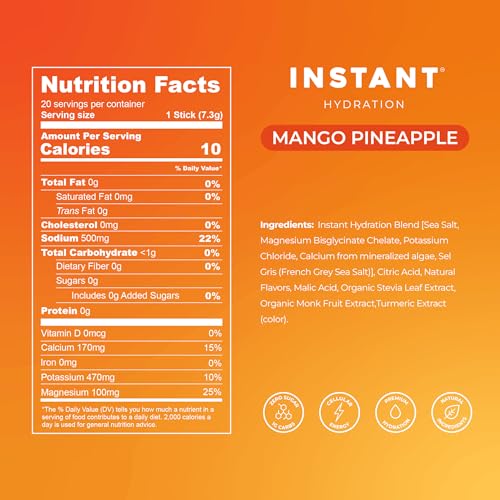 Image of Instant Hydration Sugar Free Electrolytes Powder Packets - Mango Pineapple Electrolyte Drink Mix & Travel Essentials - Post Workout Recovery, Brain Health, Muscle & Tissue Support - 20 Sticks