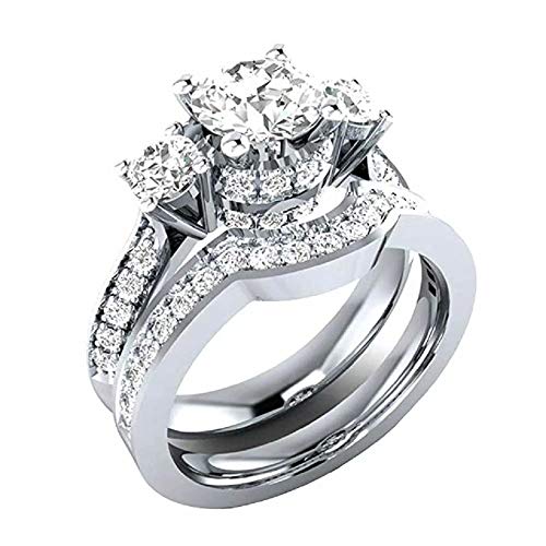 Luxury and Shining Womens 2-in-1 White Diamond Silver Engagement Wedding Band Ladies Rings