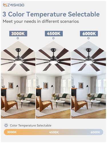 Image of ZMISHIBO 62 inch Large Ceiling Fans with Lights and Remote, Indoor /Outdoor Black Modern Ceiling Fan for Kitchen Living Room Patio, 6 Speed Reversible Quiet DC Motor, 3 CCT, Dual Finish 8 Blades