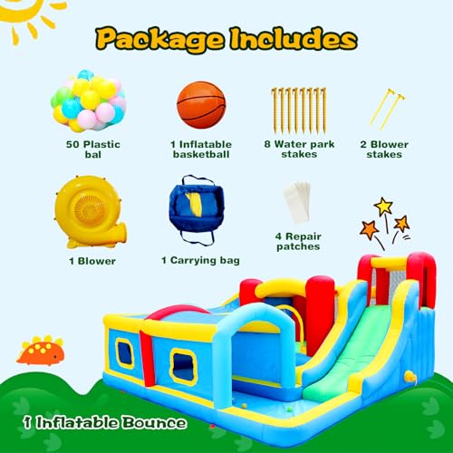 WELLFUNTIME Inflatable Bounce House with Slide, Jumping Castle with Blower and Wave Pool, Basketball Rim, Long Tunnel - Thumbnail 7