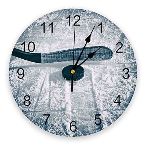 Sun-Shine Silent Non-Ticking Wall Clock Battery Operated Ice Hockey Winter Sports Round Clocks Home Decorative Wall Clocks For Bedroom, Living Room, Office Stick And Puck With Snow #TOP18