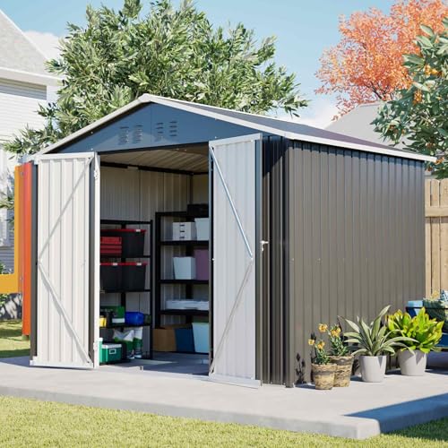 YEHTOKHOME 8 x 6FT - Cobertizo de jardín de metal 240,4 x 192,3 x 191 cm, cabaña de jardín con puertas correderas y ventilación, cobertizo de almacenamiento para herramientas, para jardín y