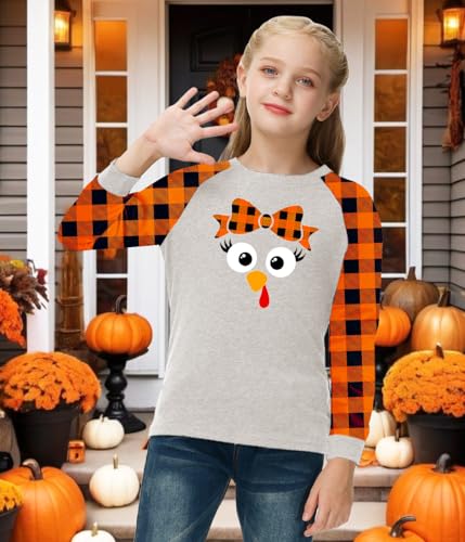 Image of Remimi Girls Thanksgiving Shirts Buffalo Plaid Raglan Tee Cute Turkey Holiday Party Long Sleeve Tshirt 5-14 Years