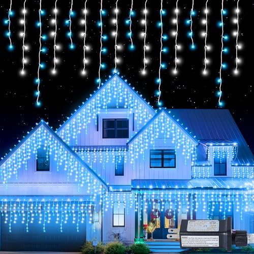 300L LED Icicle Lights, Blue+White Window Curtain Lights,8 Modes with 30V Plug in for Wedding, Party, Bedroom, Home, Garden, Outdoor, Indoor Wall,Christmas Decorations,Connectable(Blue+White)