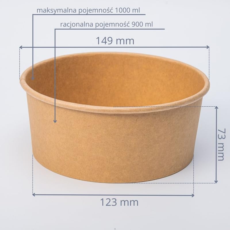 300 sztuk Kraftowych Misk na Sałatki 1000 ml | Jednorazowe Papierowe Pojemniki na Żywność do Sałatek, Zup, Lodów i na Wynos, Ekologiczne Biodegradowalne Miski