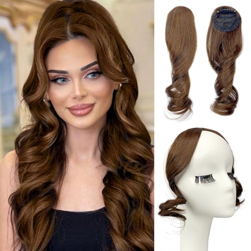 VAVANGA Long Side Bangs Clip in Hair Set - Light Brown Thick Wavy Curly Swept Bangs With Long Temples for Women (2 Pieces)