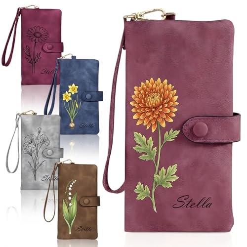 Image of Custom Wallet for Women Personalized Birth Flower & Name Purse Soft Leather Bifold Clutch with Strap Customized Gift for Mom Girlfriend