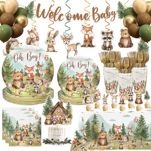 184pcs Woodland Animals Baby Shower Decorations Boys Serves 25