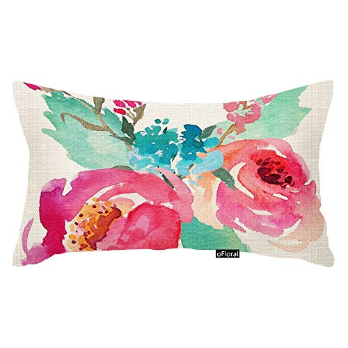 oFloral Throw Pillow Cover Flowers Watercolor Peonies Pink Turquoise Summer Girly Decorative Pillow Case Home Decor Rectangle 12 x 20 Inch Pillowcase Cotton Linen