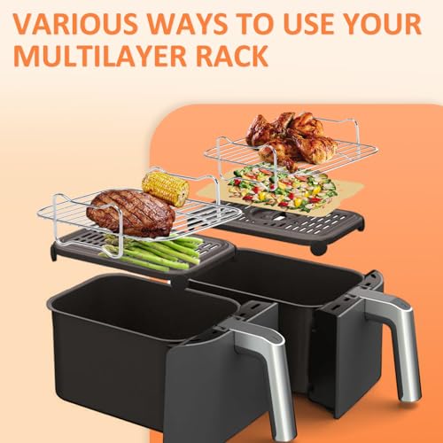 Air Fryer Rack Set with 100pcs Paper Liners for Ninja Foodi Air Fryer DZ201/DZ401, Stainless Steel Toast Racks and Parchment Paper Replacement for Ninja Double Basket Air Fryer, Air Fryer Accessories