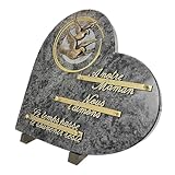 Plaque funéraire cœur en granit gris bleuté 30 x 30 cm sur pieds avec cercle doré et oiseaux en bronze