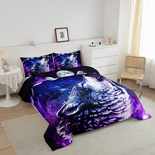 Erosebridal Howling Wolf Down Comforter Blue Purple Starry Sky Bedding Set Twin Size,Galaxy Series Comforter Set For Child Teens Youth Man,Trippy Stars Moon Bed Quilt Wild Animal Themed Room Decor #TOP3