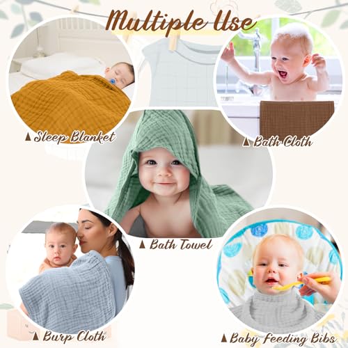 Image of VitalCozy 12 Pcs Baby Muslin Hooded Bath Towels and Washcloths, Muslin Hooded Baby Towels Absorbent Blankets for Gift Newborn Infant Shower (Warm Color)