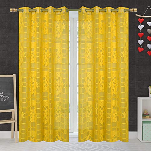 Image of Fabrilia Heavy Polyester Net Semi Transparent Fancy Grommet Curtains, Floral Design, Yellow, Window- 4 Feet X 5 Feet, Pack Of 2 Pcs
