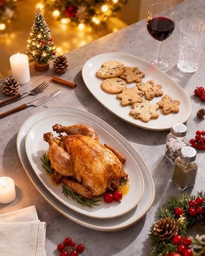 famiware Serving Platter, Oval 15.59/14.3/12.9 inch Serving Dishes for Entertaining, Serving Bowls, Microwave Safe, Stonware Serving Trays for Party, Turkey, Cheese, Ocean Series, Cappuccino White - Thumbnail 4