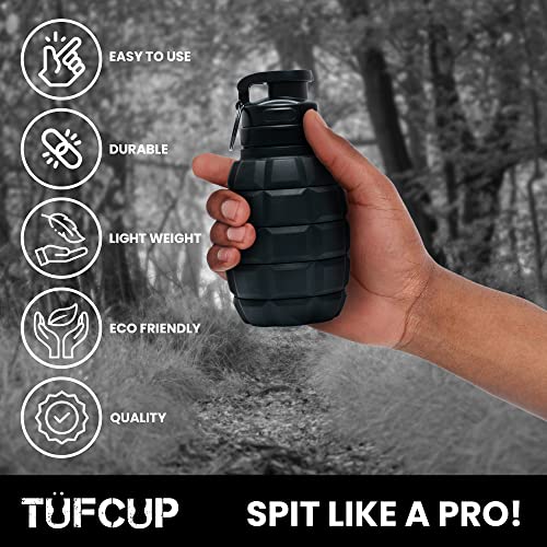 Tufcup Spit Cup Spittoon for Chewing, Portable Reusable Spit Dipping Cup with Lid, Collapsible Spill Resistant Leak Proof Silicone Body Travel Spitter (Black)