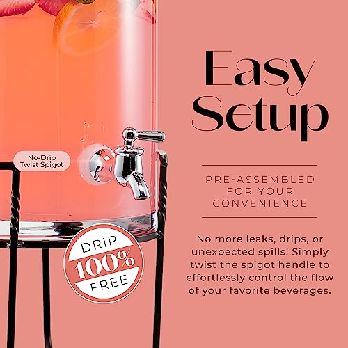 Style Setter Beverage Dispenser With Stand - 2.5 Gallon Large Countertop Glass Drink Dispenser W/Spigot & Lid - Party Drink Dispenser For Sweet Tea Lemonade Punch Water, Juice Dispensers For Parties #TOP5