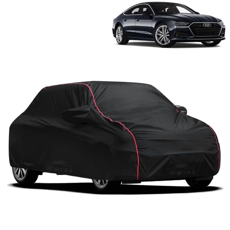 Image of Waterproof Car Cover for Audi A7 | All-Weather Protection, Dustproof & UV Resistant | Triple Stitched Mirror Pockets, Windproof Buckle Strap with Elastic Hem, Black-Red Piping