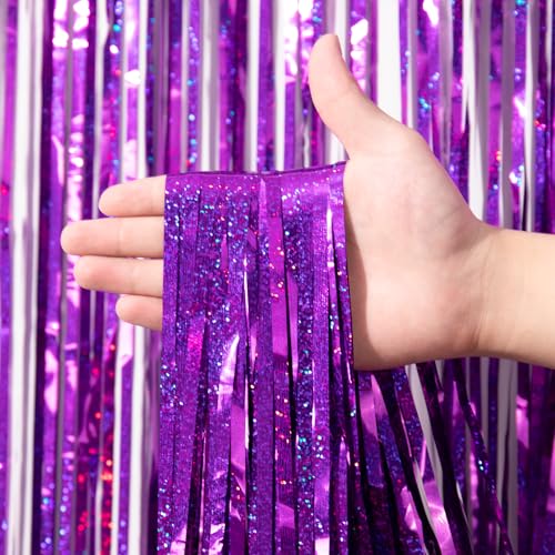 Image of Voircoloria 2 Pack Purple Tinsel Foil Fringe Curtains, Purple Party Decorations, Metallic Tinsel Party Streamers Backdrop for Halloween Mermaid Bachelorette Graduation Party Decorations
