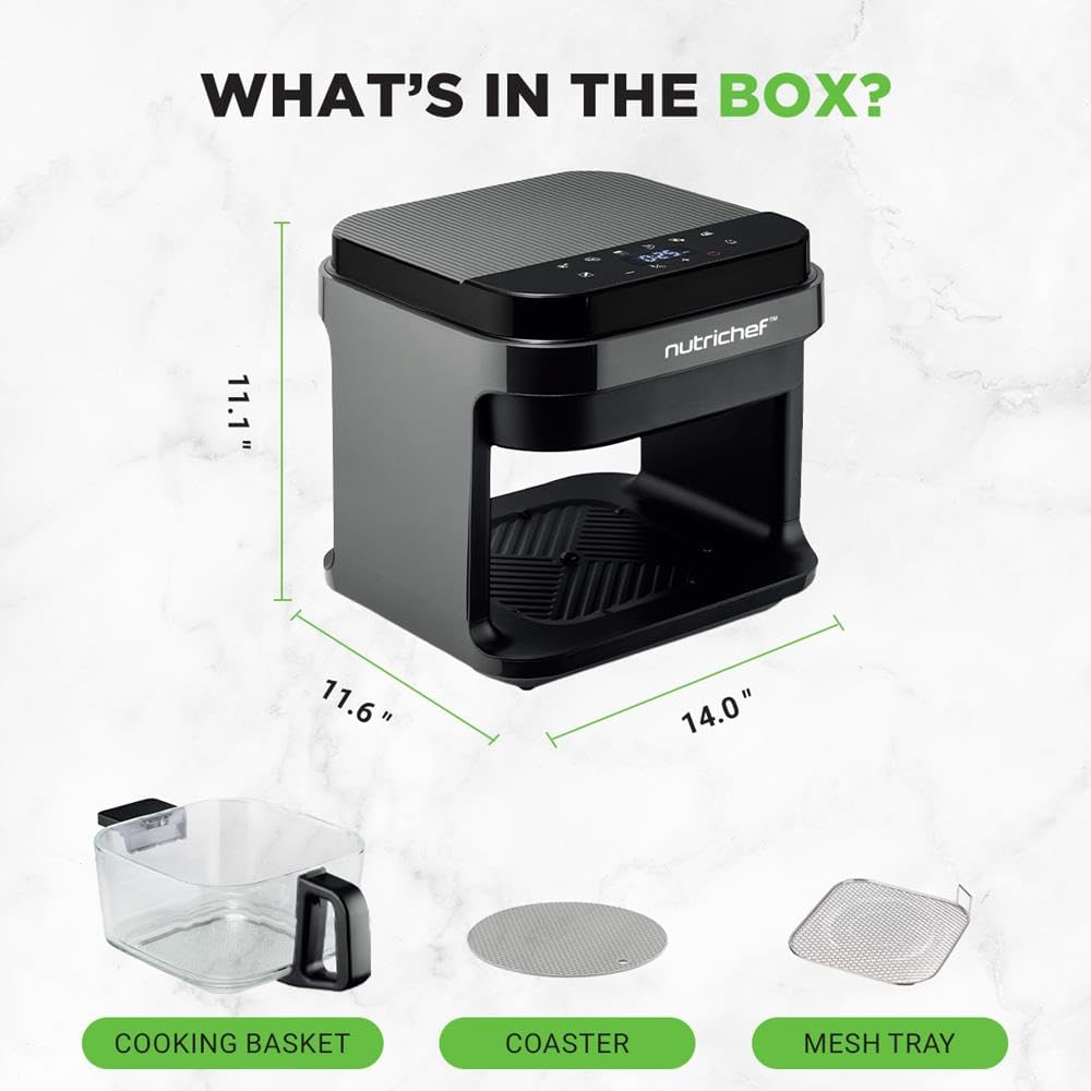 NutriChef Freidora de aire caliente de 5,5 L, color negro, 8 en 1, con recipiente de cristal y pantalla táctil LED, para freír sin aceite, circulación de aire caliente de 360°, para patatas, pollo