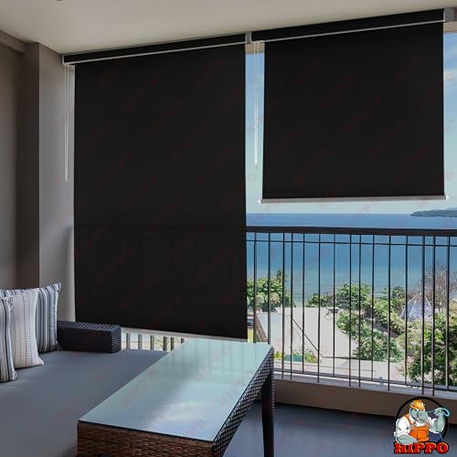 Image of HIPPO 180 GSM HDPE Outdoor Balcony Roller Blind, UV & Dust Protection Corded Roll Up and Down Light Filtering Blinds for Garden (Pearl-Black, 3FTX5FT)
