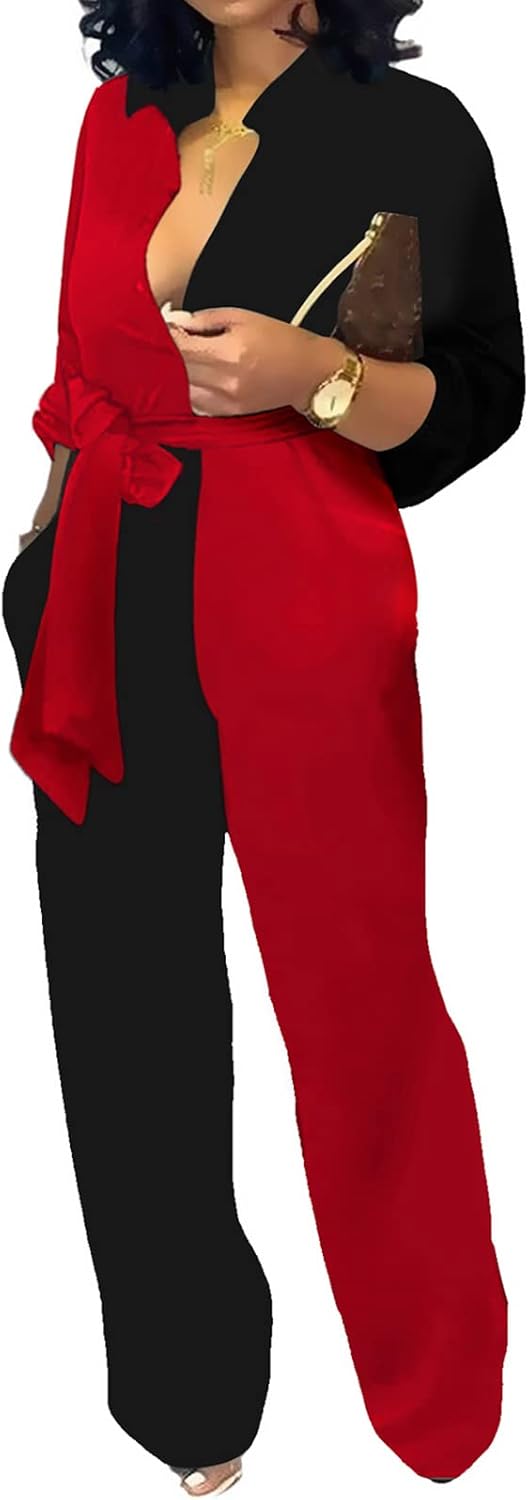 SeNight Women's Jumpsuits Elegant Business Casual Button Down V Neck Long Sleeve Strap Straight Long Pants With Pockets