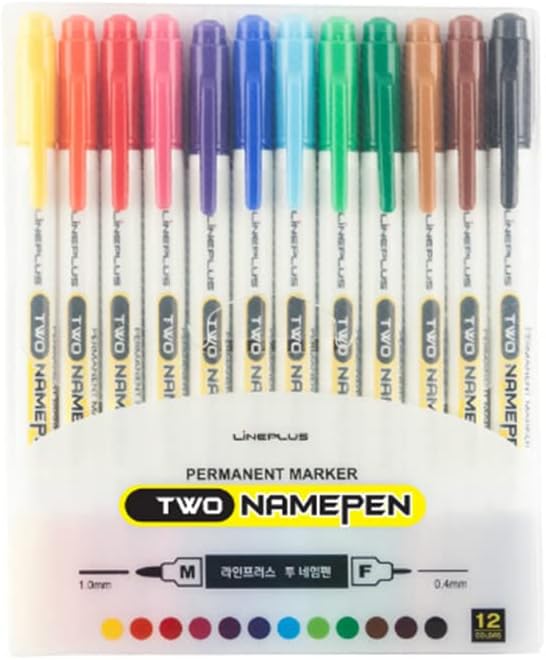 LINEPLUS Two Namepen 12 Colors Permanent Marker Set 0.4mm / 1.0mm / 2.0mm / Needle Tip / Bullet Tip / Brilliant Colors