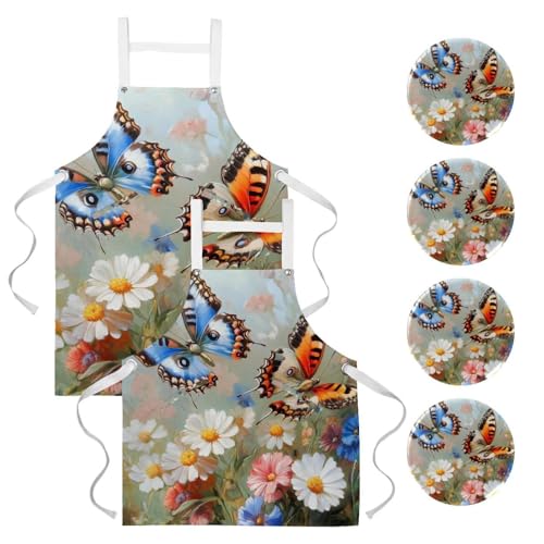 Tablier de cuisine papillon et marguerites multicolore imprimé floral unique
