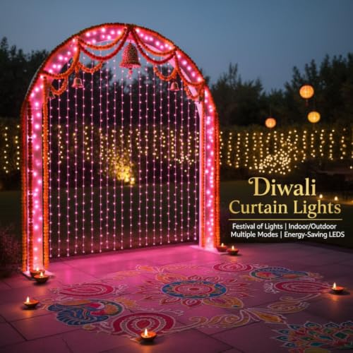 Image of MIRADH 180 LED 9.8 Feet Window Curtain String Light Wedding Party Home Garden Bedroom Outdoor Indoor Wall Decorations, Diwali Lights for Decoration (Pink Led Curtain 3M x 3M)