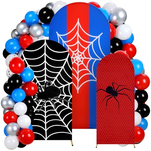Foilswirl 34 Pcs Spider Birthday Party Decorations 3 Spider Web Arch Backdrop Covers (4/5/6ft) Web Spandex Arch Cover with 30 Red Blue and Black Silver Balloons for Birthday Party Photo Props Decor by Foilswirl - Used condition - US$24.08