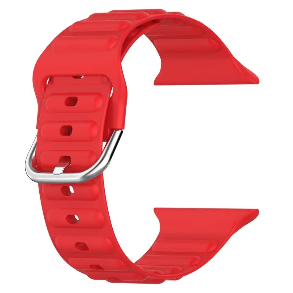 Image of TECHONTO 42mm,44mm & 45mm Tubular & Wavy design Soft Silicone Smart Watch Strap Compatible for Watch Series SE 8 7 6 5 4 3 2 with Classic Clasp for for Men & Women (Red)