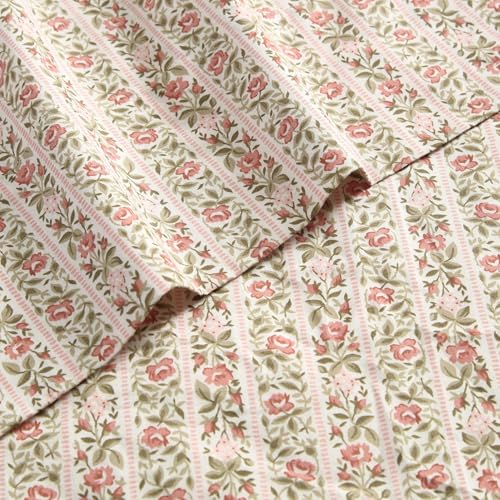 Image of Laura Ashley - Full Size Sheet Set, Crisp & Lightweight Cotton Percale Bedding with Fitted Sheet and Pillowcases, Floral Room Decor, Deep Pocket, College Dorm Room Essentials (Marta Stripe Pink)