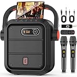 JYX Karaoke Machine with 2 Wireless Microphones, Portable Bluetooth Speaker PA System with Shoulder Strap, Subwoofer Support TWS, USB, Radio, AUX, REC, Bass&Treble for Home Party/Meeting/Adults/Kids