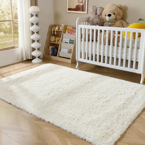 Tapete blanco peludo suave 5x7 para dormitorio miniatura 5