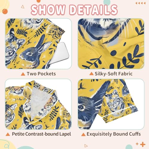 senya Cute Animals Yellow Satin Summer Pajama Sets Silk Short Sleeve Button Down Sleepwear3