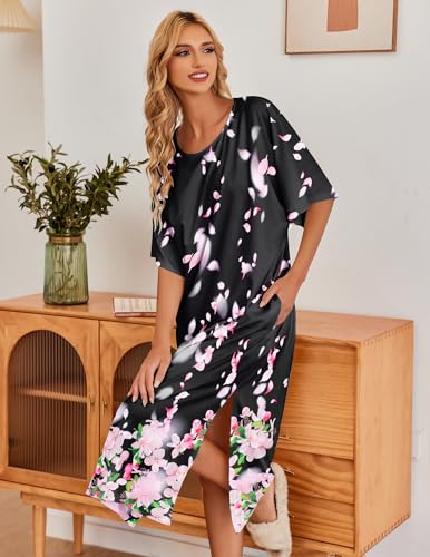 Image of Ekouaer Women's Nightgown Short Sleeve Sleepshirt Long Loungewear Casual Maxi Lounge Dress House Dresses with Pockets