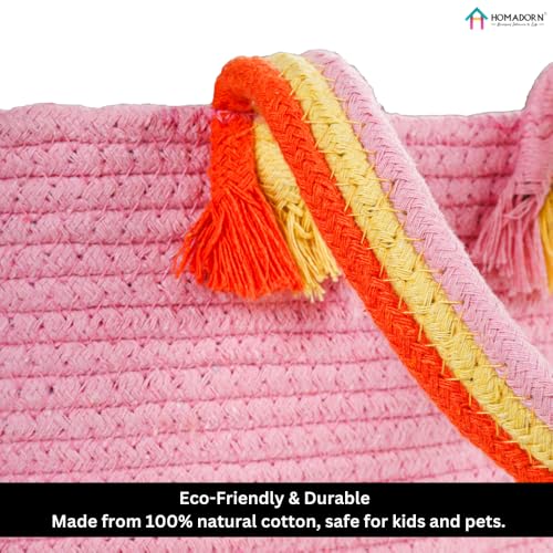 Image of HOMADORN Cotton Storage Basket with Sturdy Handles - Foldable, Durable, and Stylish Organizer for Toys, Clothes,Gifting and Home Essentials (PINK)