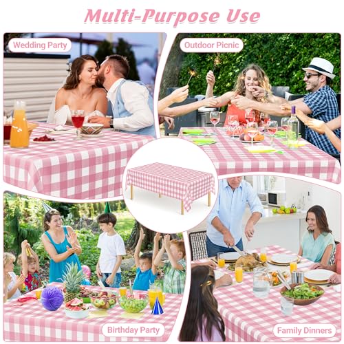 Image of 12Pack Table Cloth Rectangle Table, 54 inch x 108 inch Plastic Table Cloth Disposable, Waterproof Pink and White Checkered Table Cover for Outdoor Picnic Birthday Party Supplies Gathering BBQ Holiday Dinner
