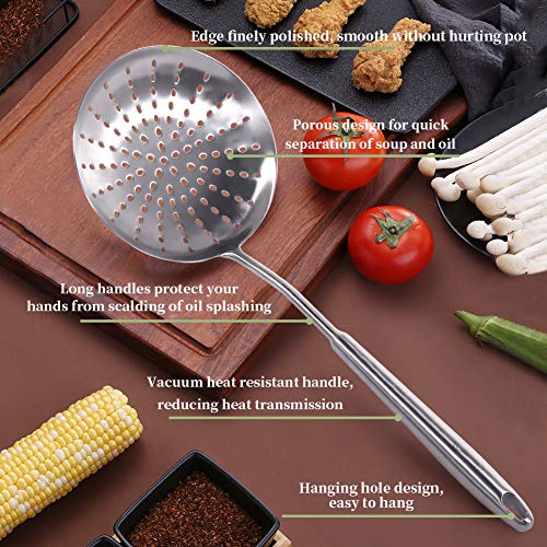 Newness Strainer Skimmer, 304 Stainless Steel Slotted Spoon Fry Ladle Skimmer Cooking Spoon, Large Skimmer Slotted Colander Spoon Ladle For Kitchen Frying Food Pasta Spaghetti Noodles Chips, Veg #TOP6